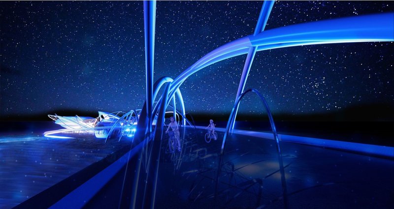 Starry night at the futuristic Knot Galaxy bridge.