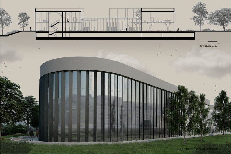 Modern library's façade: Reflecting knowledge and nature.