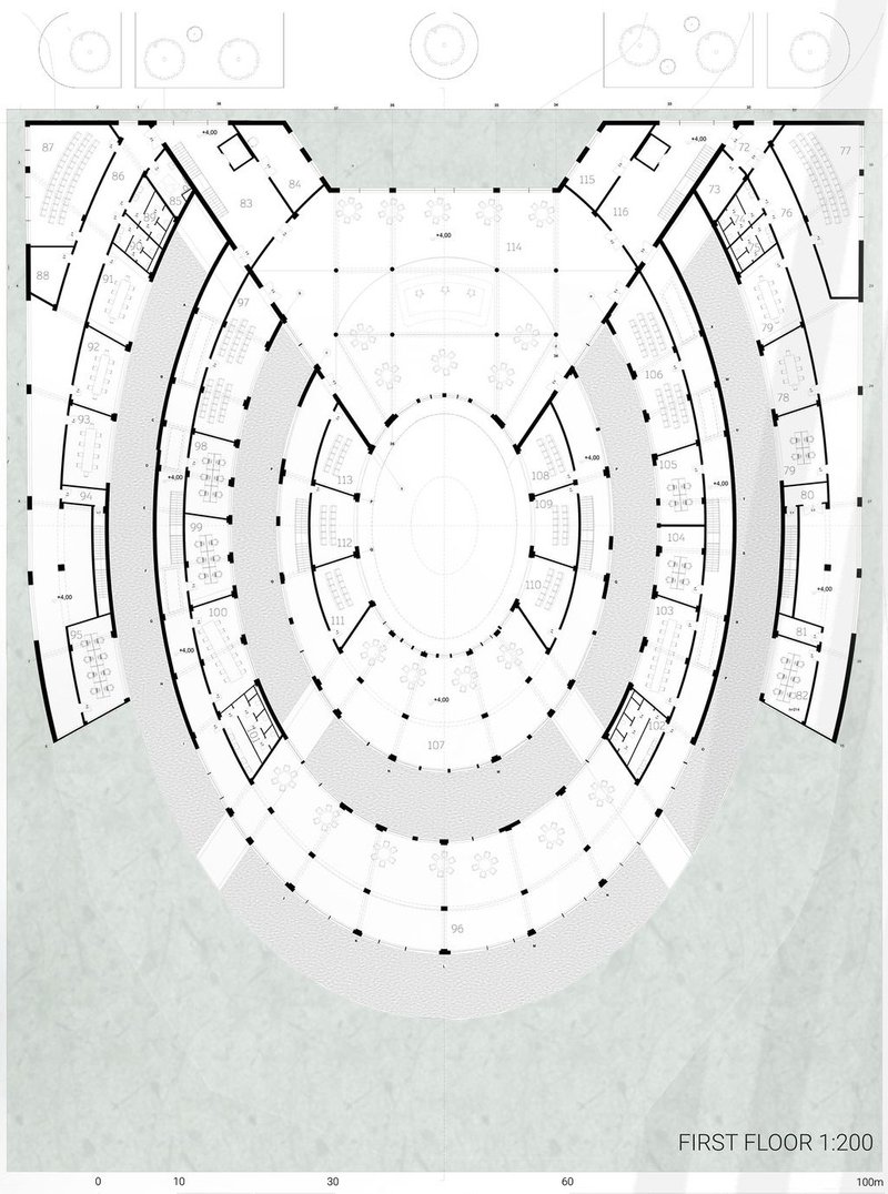 Circular library floorplan, integrating knowledge and community space.