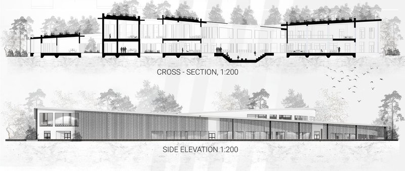 Architectural cross-section of sustainable, community-focused library design.