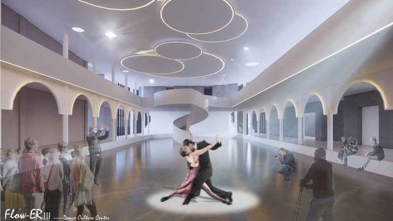 Dancers illuminate the FLOW-ER Dance Center's elegant interior.