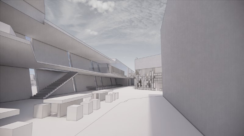 Sleek library courtyard fusing urban design with learning spaces.