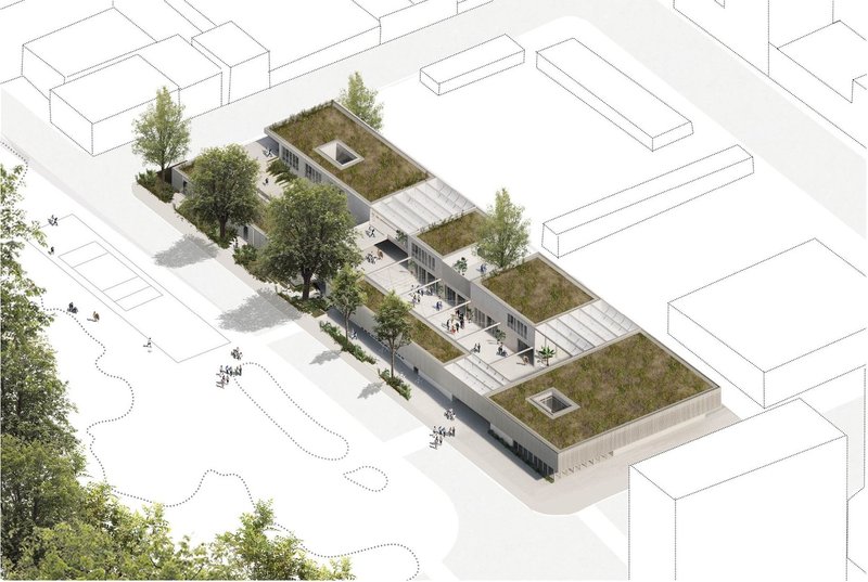 Green-roofed haven harmonizes with urban flow.