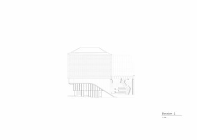 The image presents an architectural elevation drawing, labeled as "Elevation 2" with a scale of 1:25