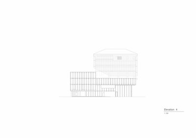 The image presents an architectural elevation drawing of a modern building. The design features a co