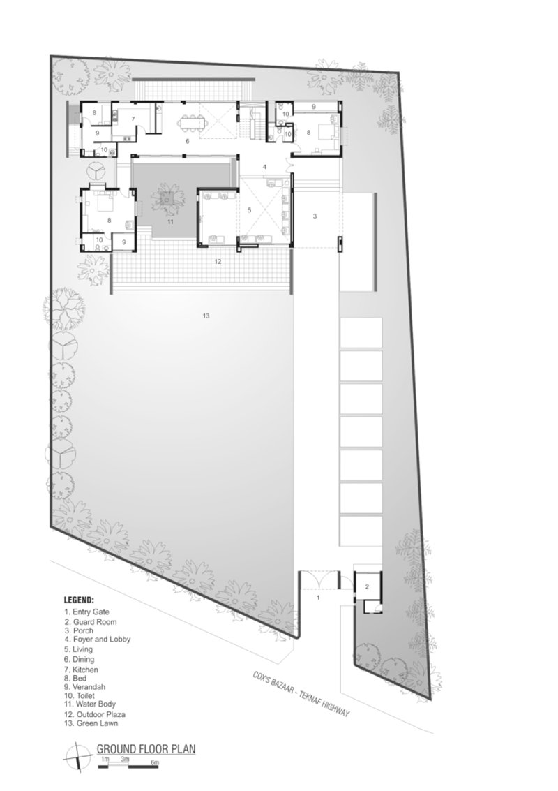 Ground floor plan showing the entry sequence, internal courtyard, and linear pool along one edge