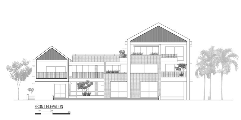 Front elevation drawing showing two gabled volumes connected by terraced levels with planted beds and palm trees