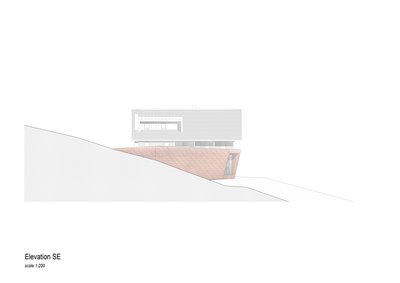 This architectural elevation showcases a modern hillside residence integrated into its natural surro