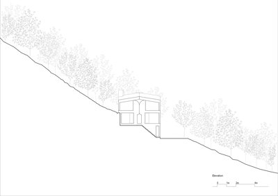 This architectural elevation depicts a two-story house nestled into a hillside, surrounded by trees.