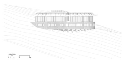 The image presents an architectural elevation of a modern house situated on a hillside. The structur