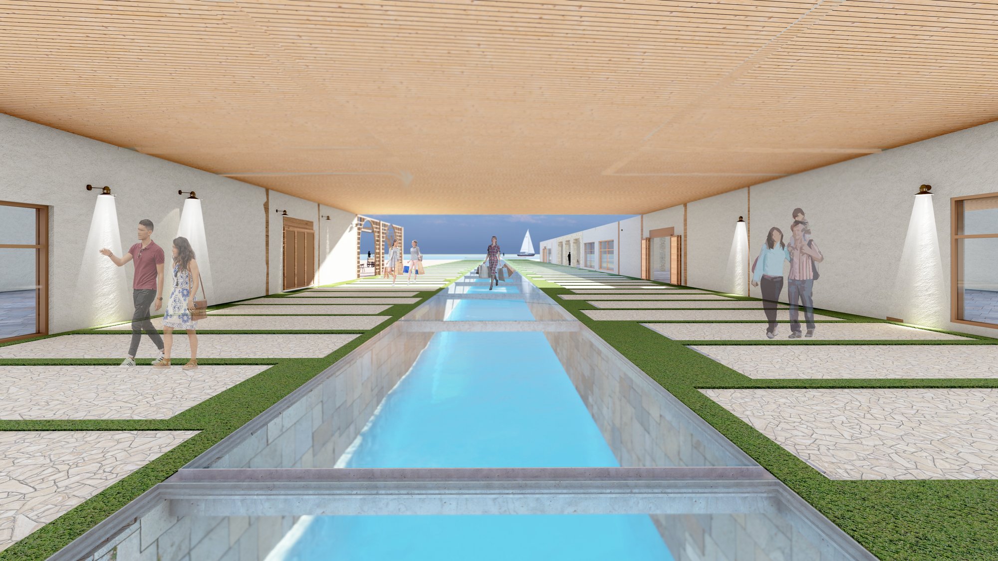 Glass walkway Integration between Stores, Cafes