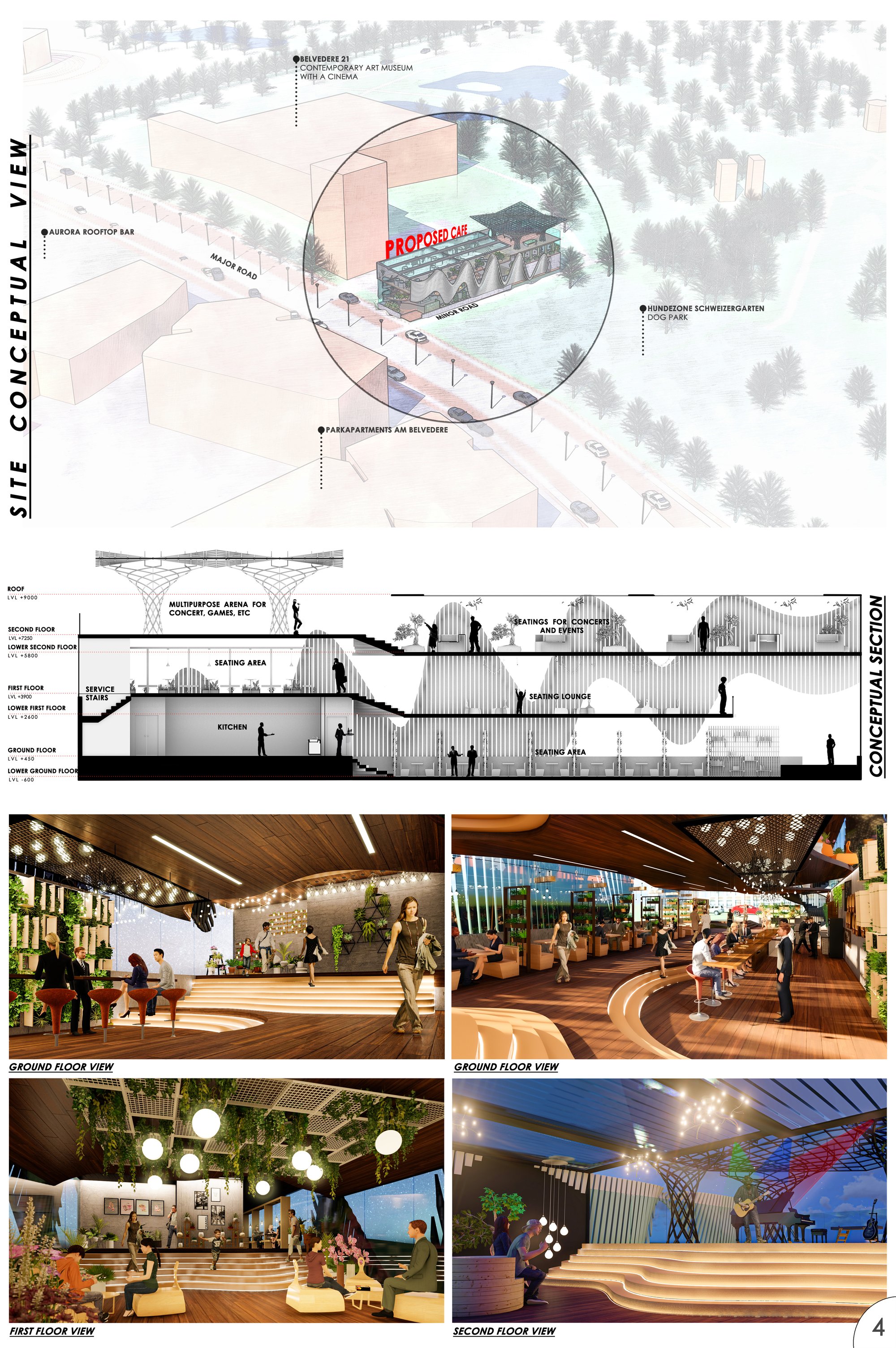 CONCEPTUAL SITE VIEW, SECTION AND VIEWS