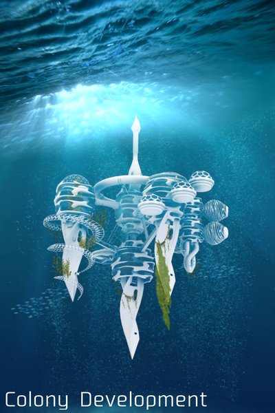 This architectural image presents a futuristic underwater colony. The design features a cluster of w