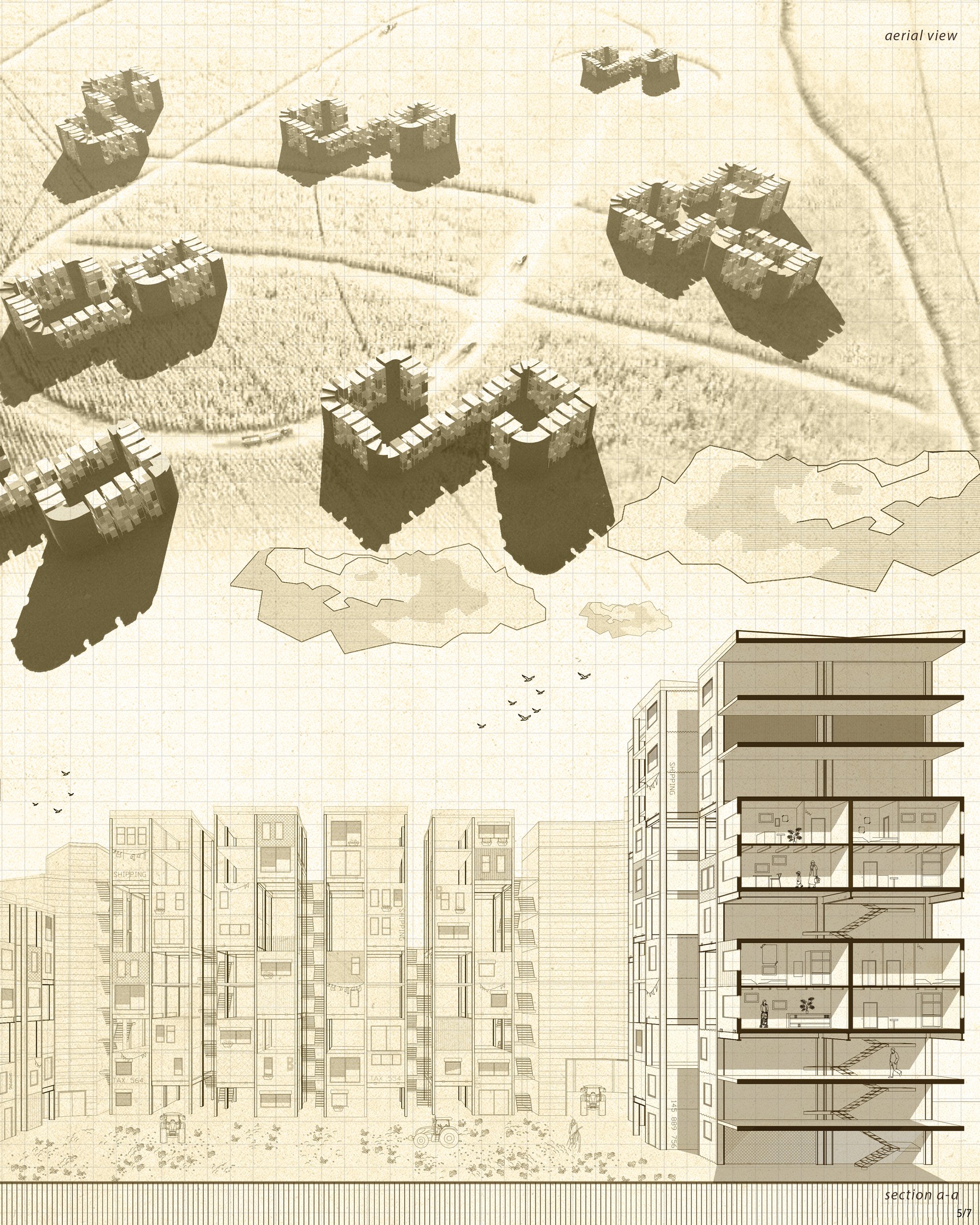 Aerial view and 3D section