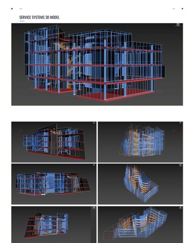 The image showcases a 3D model of a building's service systems, presented in a wireframe format. The