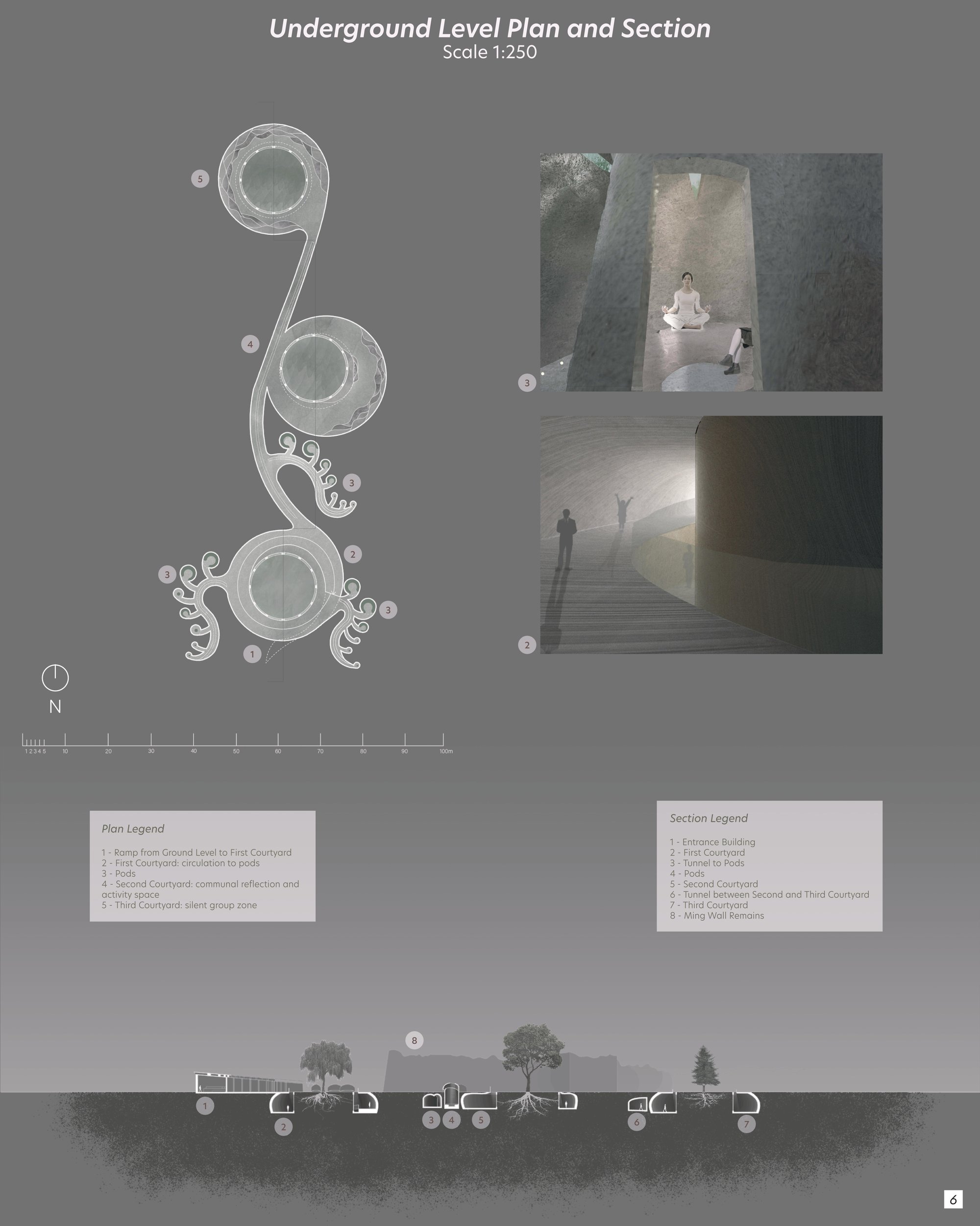 Basement plan, views and section