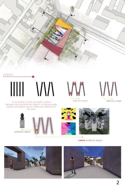 This architectural presentation board showcases a conceptual exhibition design. The design focuses o
