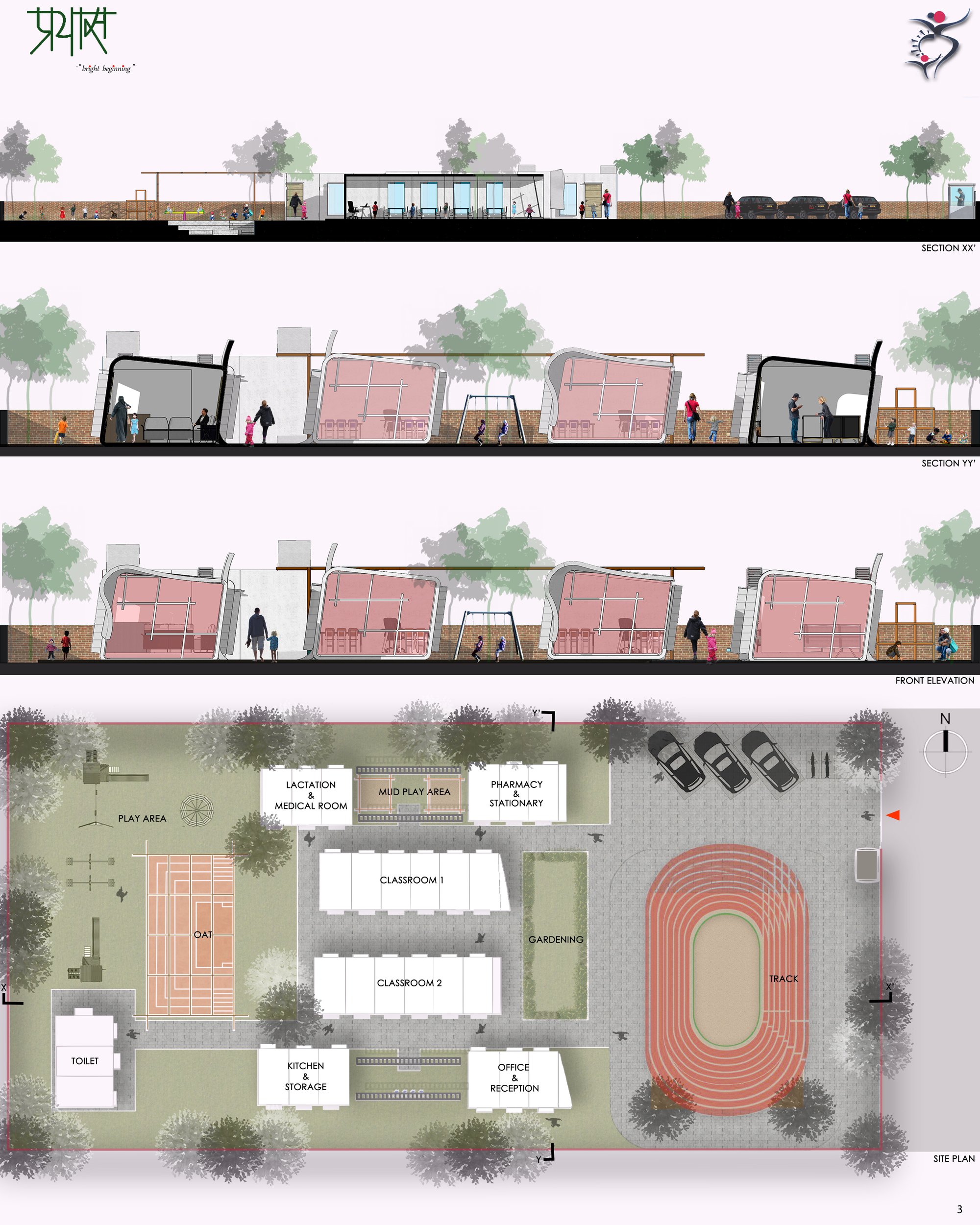 PLAN, SECTION AND ELEVATION