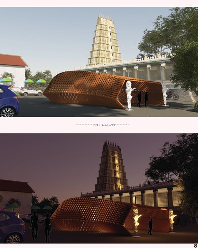 This architectural image showcases a modern pavilion design situated in front of a traditional templ