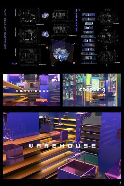 This architectural image presents a futuristic warehouse and shopping concept through a combination 