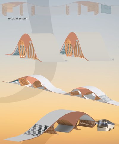 The image presents a 3D rendering of a modular architectural system, likely for a bus station or she