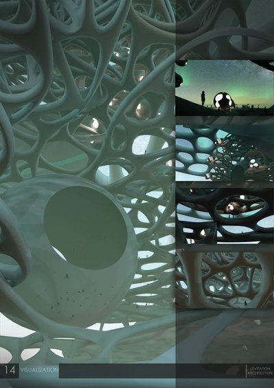 This architectural image showcases a futuristic, organic structure rendered in 3D. The design featur