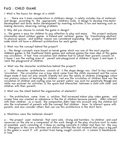 This architectural image presents a FAQ about a child game design. It outlines the design principles