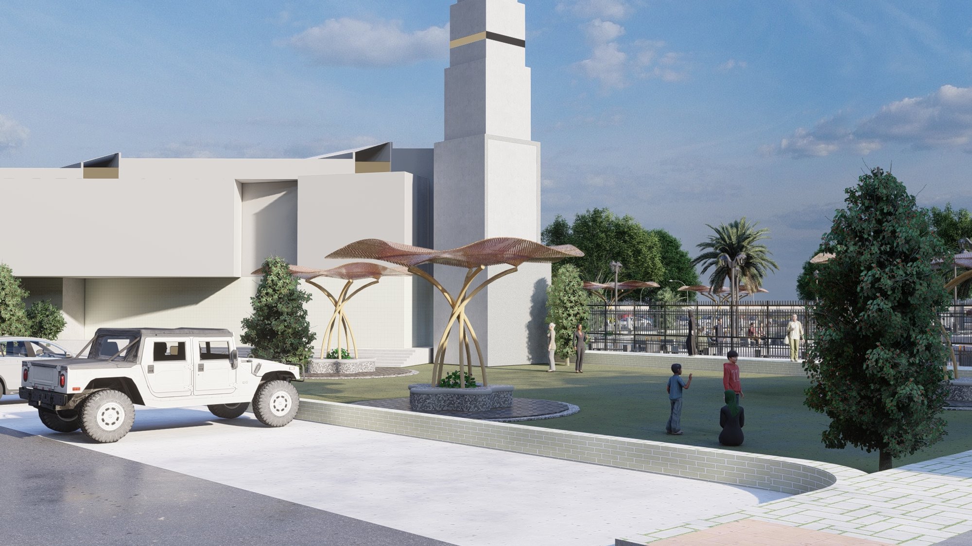 Seating canopies beside mosque
