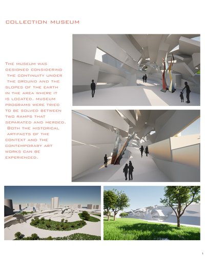 This architectural presentation board showcases a contemporary museum design. The design emphasizes 