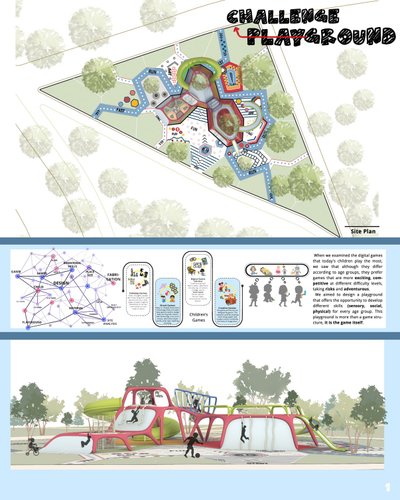 This architectural presentation board showcases a playground design inspired by digital games. The s