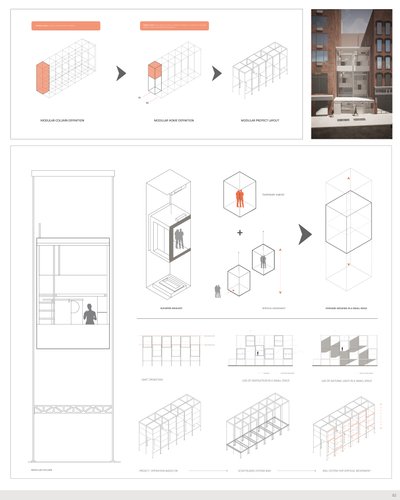 This architectural presentation board showcases a modular housing concept. It features diagrams illu