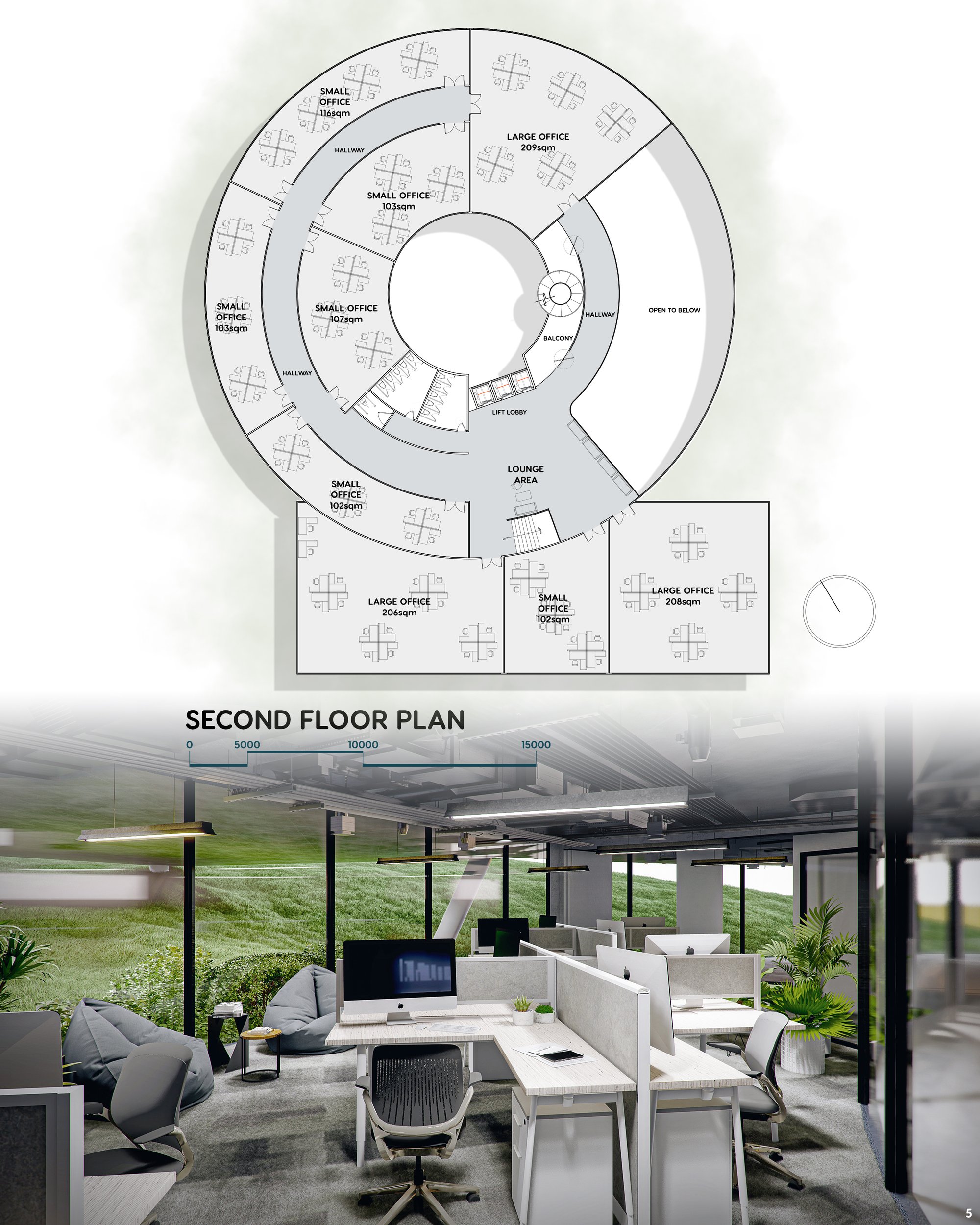 Second Floor Plan & Office 3D Rendering