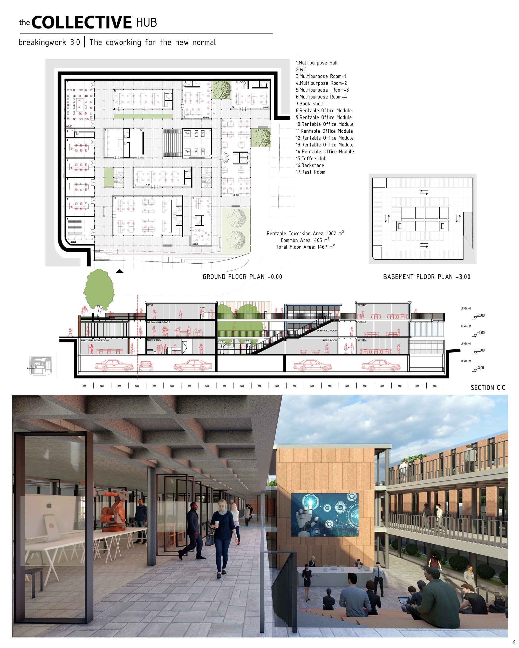 Floor plans & render from the centre