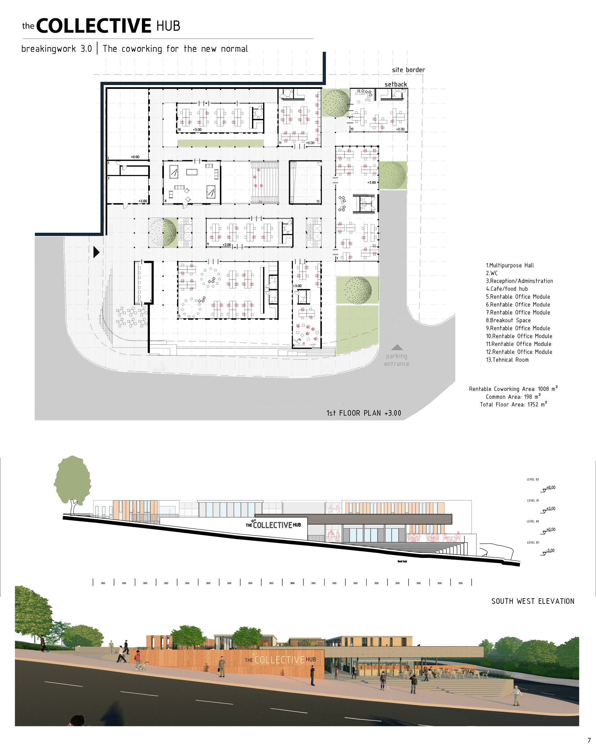 1st Floor plan & section & render