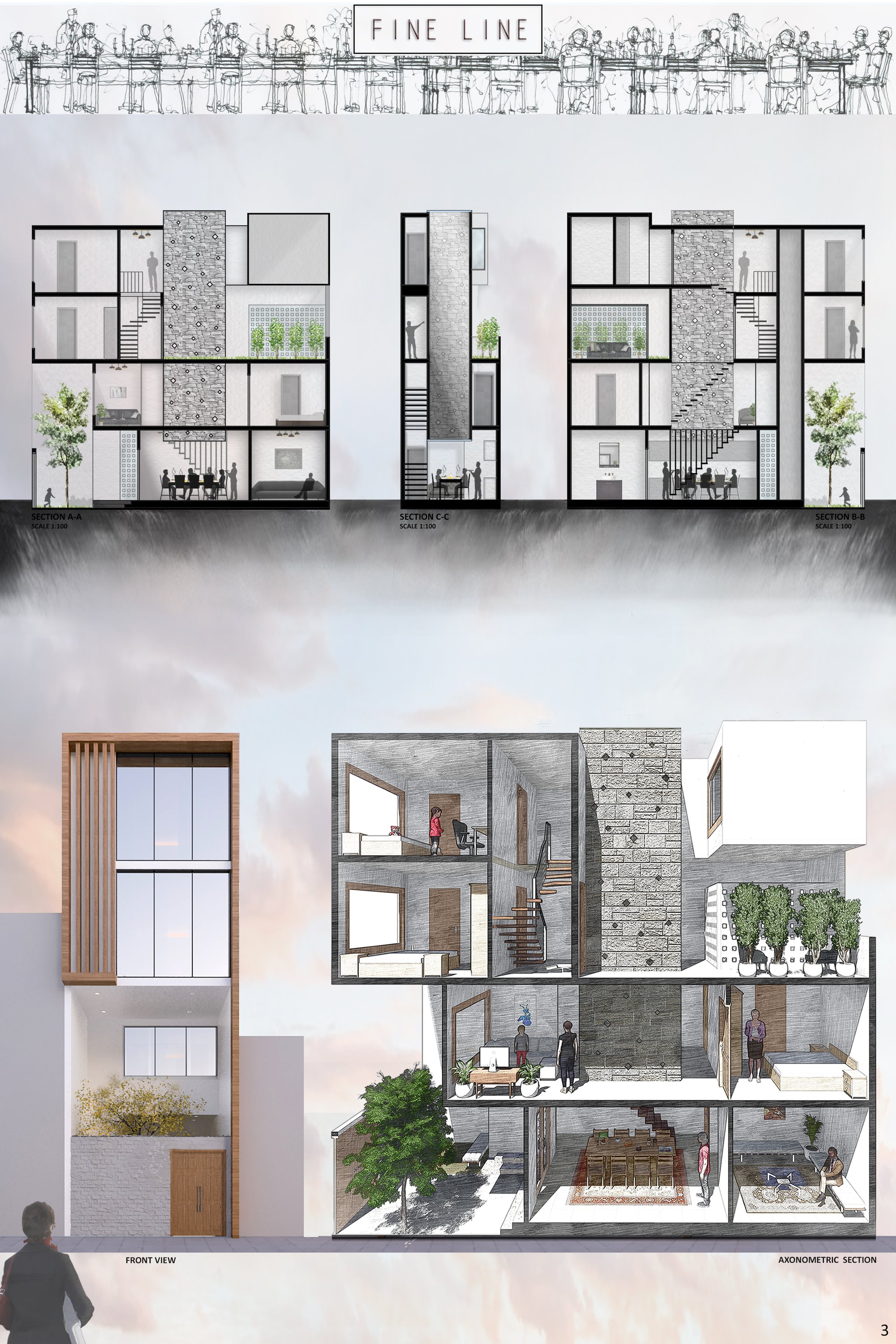 Sections & Axonometric view & Front view