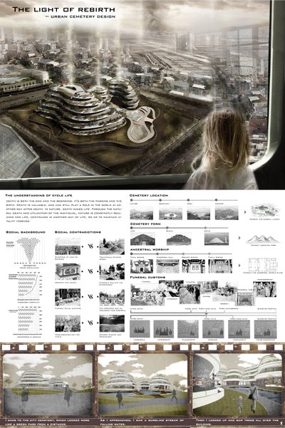 This architectural presentation board showcases an urban cemetery design concept titled "The Light o