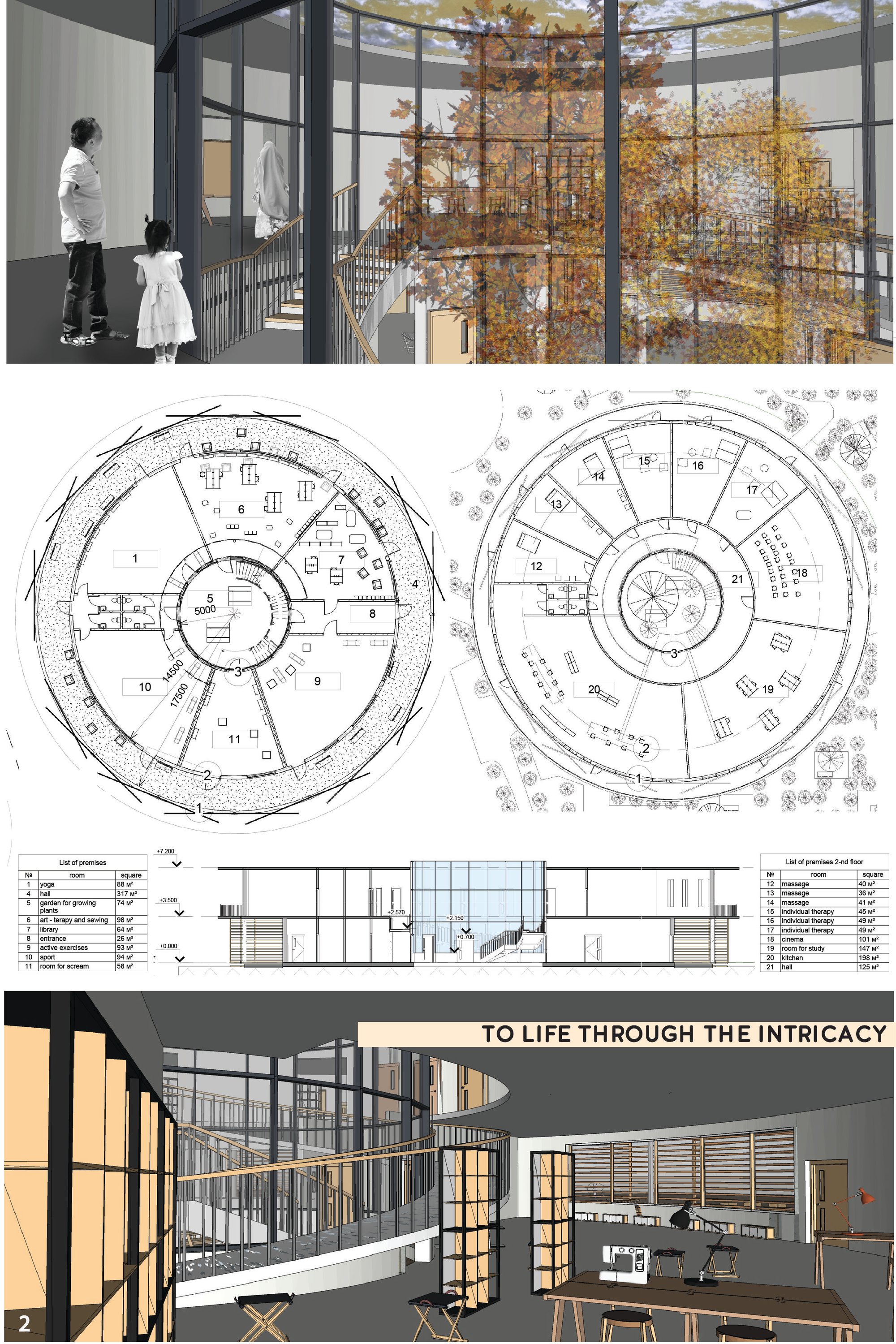 2 sheet. Plans, section and 3D