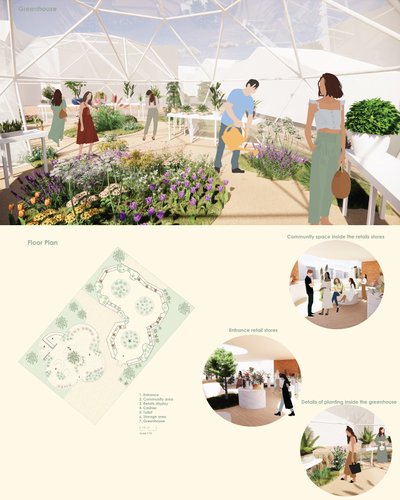 This architectural image presents a greenhouse design, showcasing a dome-like structure filled with 