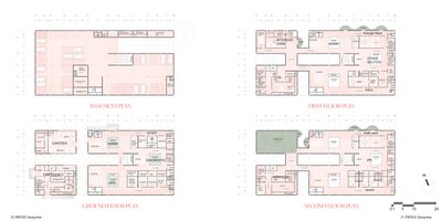 This architectural image presents a set of floor plans for a nursing home, including the basement, g