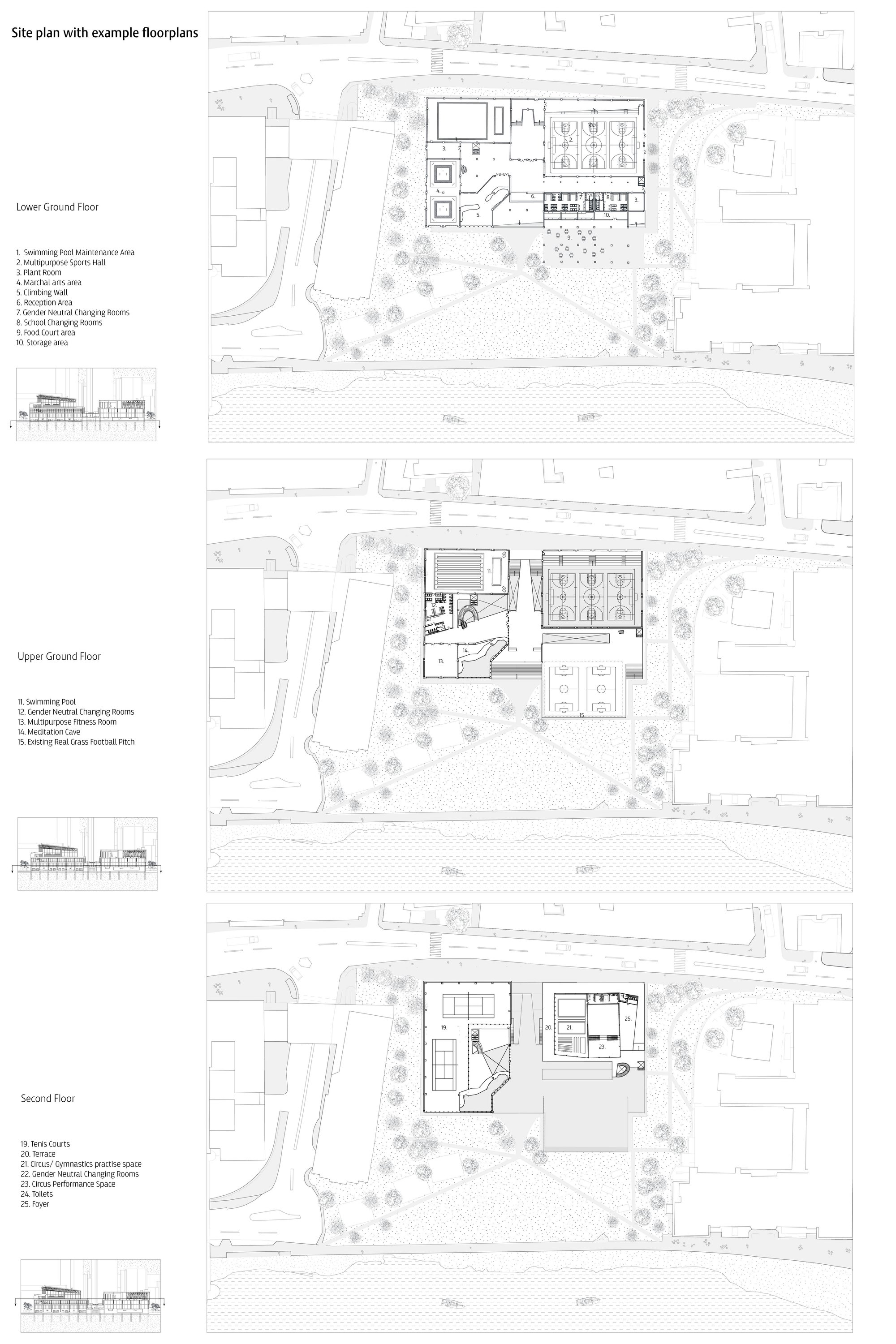 Site plan with floorplans