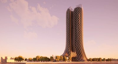 This architectural image showcases a futuristic skyscraper with a unique, parametric design. The bui