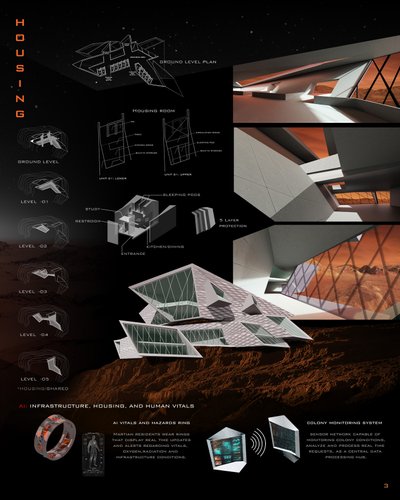 This architectural presentation board showcases a futuristic housing concept for a Mars colony. It f