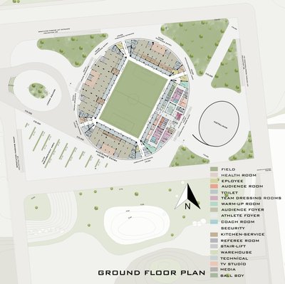 This architectural image presents a ground floor plan of a stadium, showcasing the layout of various