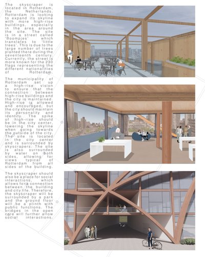 This architectural presentation board showcases a skyscraper design in Rotterdam, Netherlands. The d