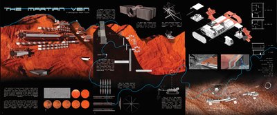 This architectural presentation board showcases a concept for a geological power plant colony on Mar