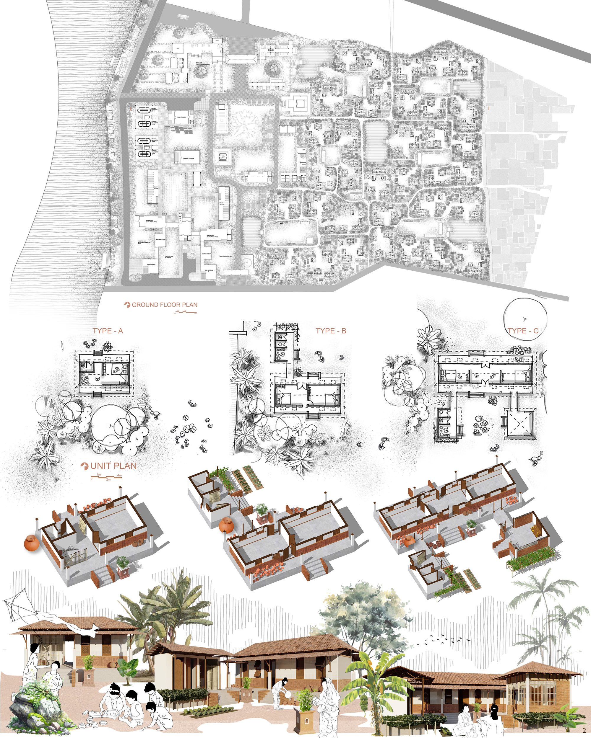 GROUND FLOOR PLAN ,UNIT PLAN WITH AXONOMETRIC VIEW