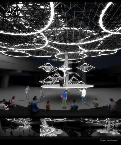 This architectural visualization presents a contemporary public space featuring a complex overhead s