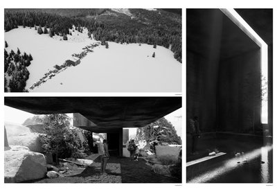 This architectural image presents a series of visualizations exploring a modern concrete structure i