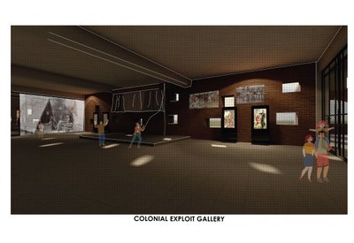 This architectural image presents a gallery space dedicated to the theme of "Colonial Exploit." The 
