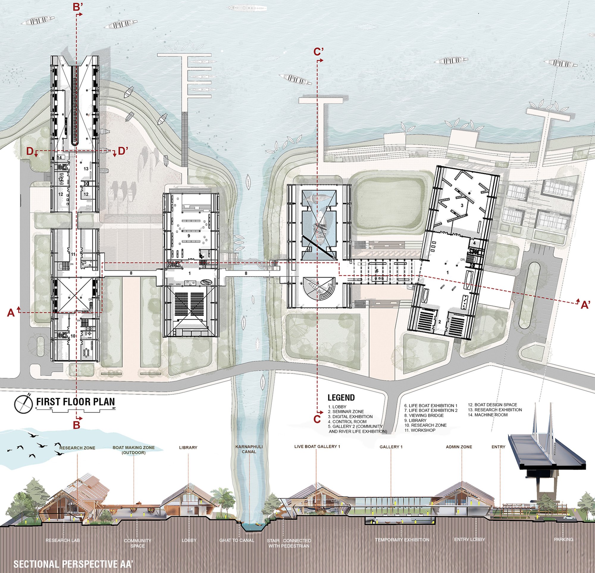 1st FLOOR PLAN AND SECTIONAL PERSPECTIVE